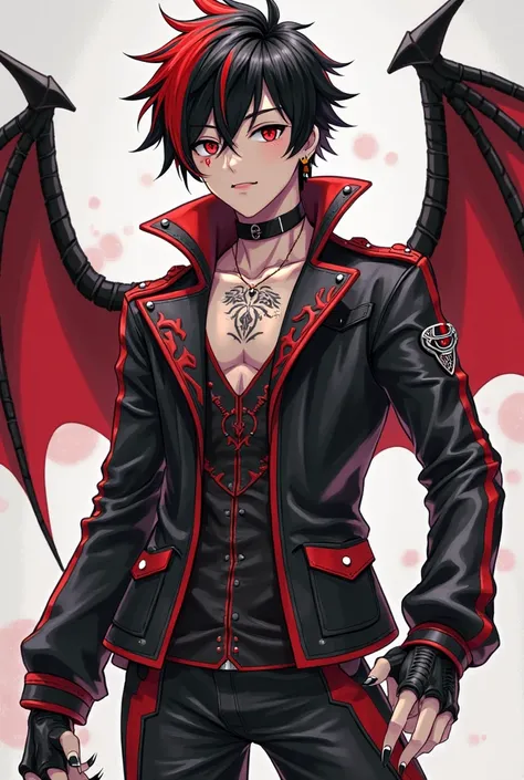 You have a boy with black and red hair with a man's haircut from an anime (my hero Academi invented, with the quirk of Dragon) with dragon wings on his back, black eyes with red pupils,  claws in his hands , small dragon horns on his head, a scar in his ey...