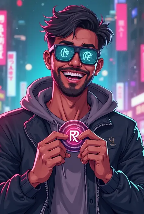 Create a male character, in a cyberpunk-themed world, Is this character a humanoid, Logo and man,he's wearing a futuristic pair of glasses, He's laughing, with a friendly smile, and is holding a cryptocurrency token, with the acronym RC in your hands.