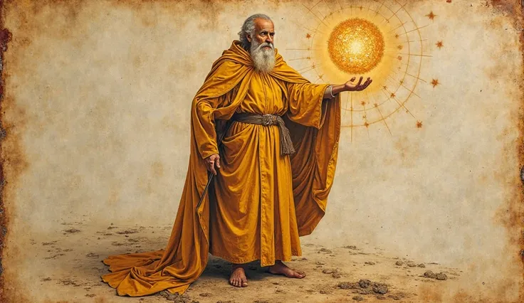 (A Leonardo da Vinci style drawing, on old, yellowed paper, What does it portray with burnt edges:) a wise old man in golden robes, holding an orb of cosmic energy.