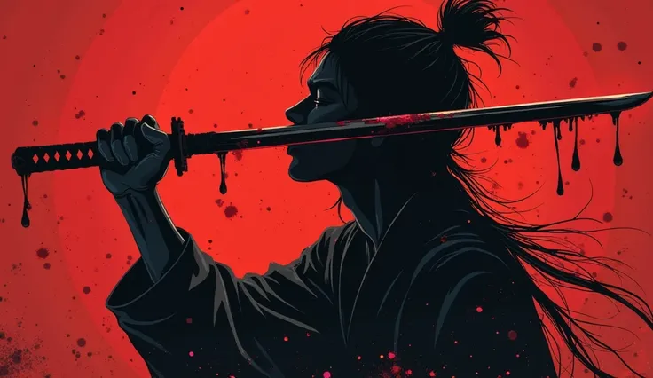 Create a movie poster for movie named in anime art. Poster features a shadow licking a katana with blood