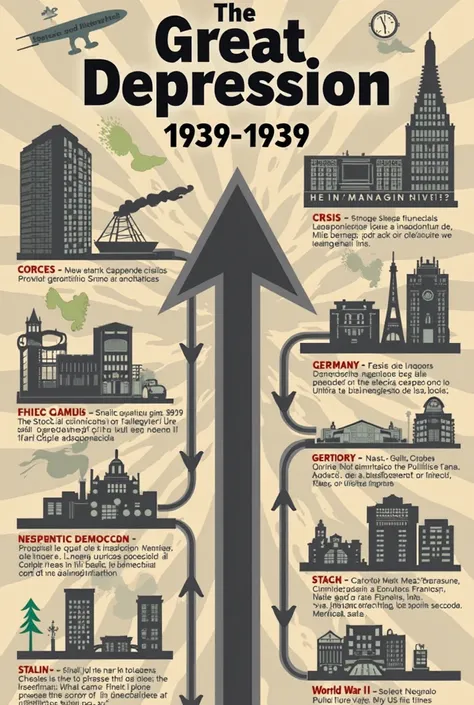 give me a visual thinking exactly as I describe it here 

1.  CENTRAL TITLE :

“The Great Depression (1929-1939)”
Place it in the center with large and striking letters.

2. Causes (up left , with Icons or Representative Drawings)
	• New York Stock Exchang...