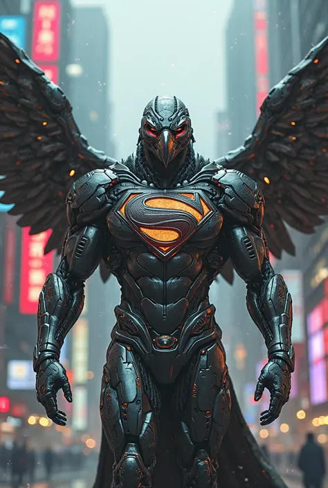 Photo of a mix of Superman and a Cyberpunk-style metal eagle