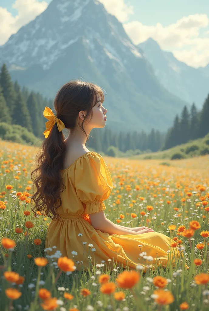 Create an image from the 1800's when a 16-year-old brown-haired girl is wearing a yellow dress and a bow in her hair sitting on a large flowery field watching the mountain landscape 