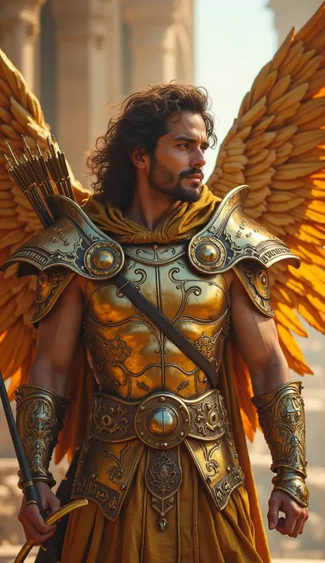 Sagittarius Aioli
"A warrior with brown hair and noble eyes. His golden armor shines brightly, with large open metal wings. He holds a golden bow, about to shoot an arrow of light."Ultra realistic 8k cinematic 9 by 16 standing full body full body backgroun...