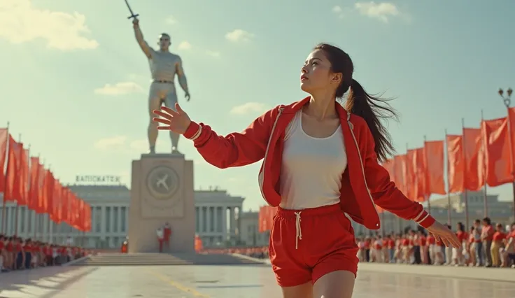 is a white athlete girl in a red tracksuit from the 1960s USSR (shorts, mother), swings to throw a disc - swings his right hand from under his left leg, in the background there is a sculptural monument "The Motherland calls!" with a sword in his hand with ...