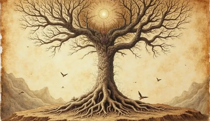 (A Leonardo da Vinci style drawing, on old, yellowed paper, What does it portray with burnt edges:) a tree with roots in the physical world and branches expanding across the cosmos.