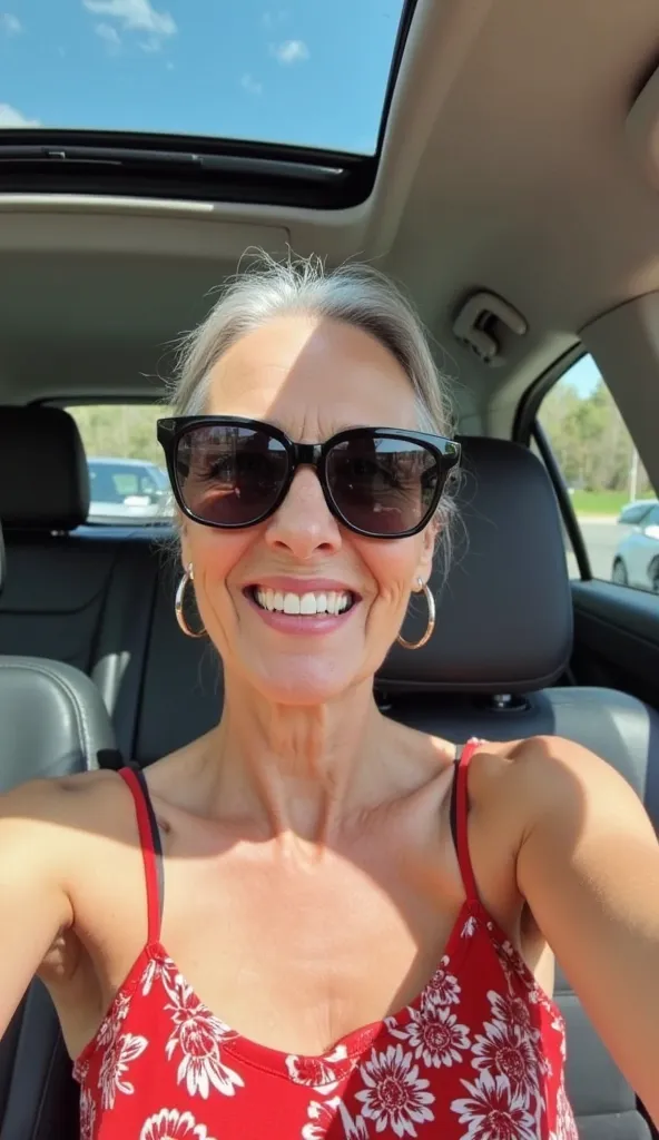  A fair-skinned woman , looking about 40 to 50 years old, smiles warmly at the camera while taking a selfie inside a modern car with an open sunroof,  allowing natural light to enter . She has gray hair tied back and wears black-framed sunglasses. his smil...