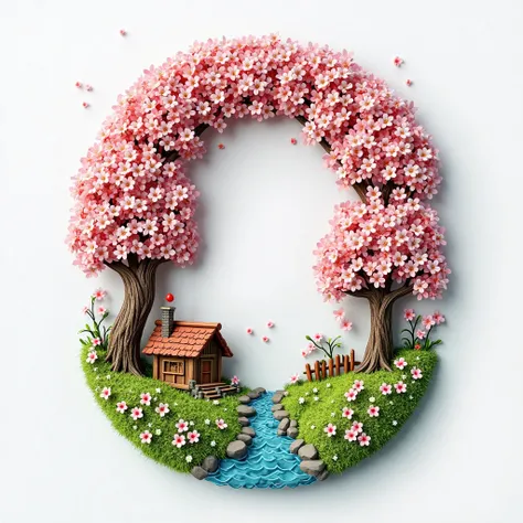 A 3D render of an acrylic art piece that spells out "O" The letter "O" is transformed into a delightful Spring wonderland, complete with cherry blossom
trees, a serene river, and a charming cabin. The intricate and imaginative display creates a magical atm...