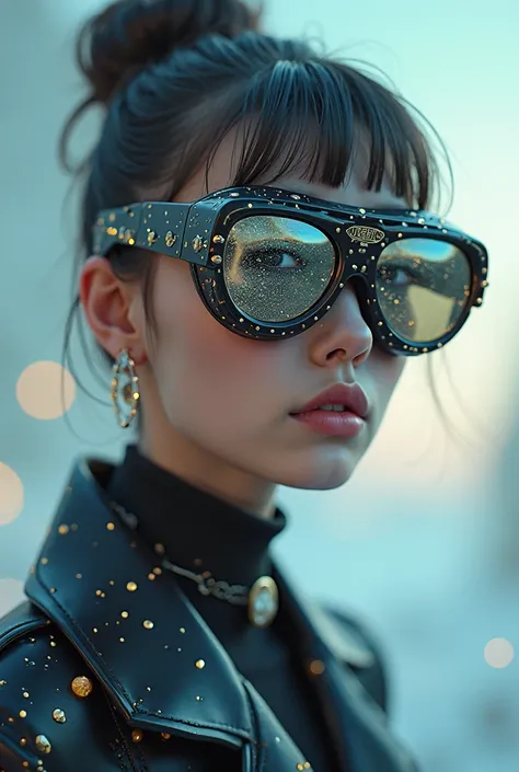 The model is wearing glass sunglasses with stars and the moon on the glass