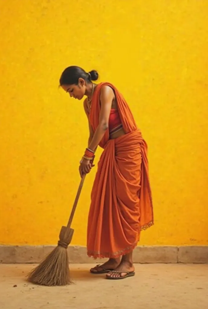  Frail Indian maid around 30 years of age in a kashta style saree ,sweeping floor standing against a yellow wall 