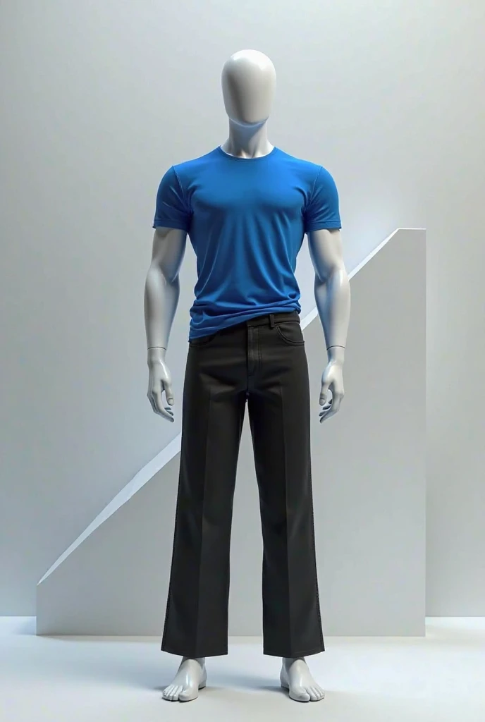 Front muscular man mannequin wearing long blue t-shirt with black pants
