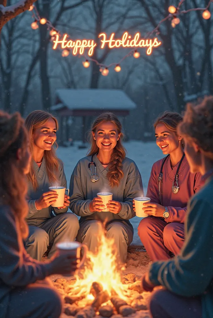 nurses by the bonfire .. malt in the hands.. above "Happy Holidays"  write hot tea 