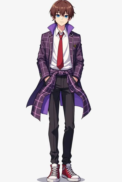 Make a man with brown hair and blue eyes with a fringe a white dress shirt with a red tie a purple plaid blouse tied around the waist with light and dark purple, black pants and red and white anime style sneakers