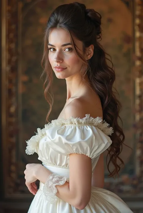 Create an image that is taken from a Victorian-era historical romance book cover, in which you can see a beautiful brunette woman wearing a white dress and with a high, elegant hairstyle. In a Hall . Victorian era