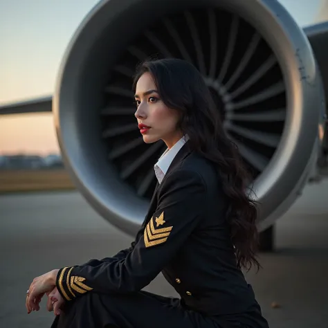 to create images from afar of the wide plane, sitting on a large jet engine is sitting in profile and her hands resting on her lap,In the background, it features the intricate motor blades of the jet,at dusk a beautiful famous young woman with large gray e...