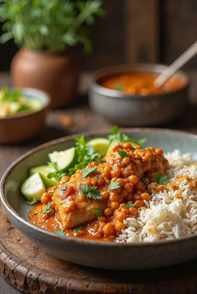 Rice with coconut lentils inside chicken curry in coconut sauce cooked and sliced salad