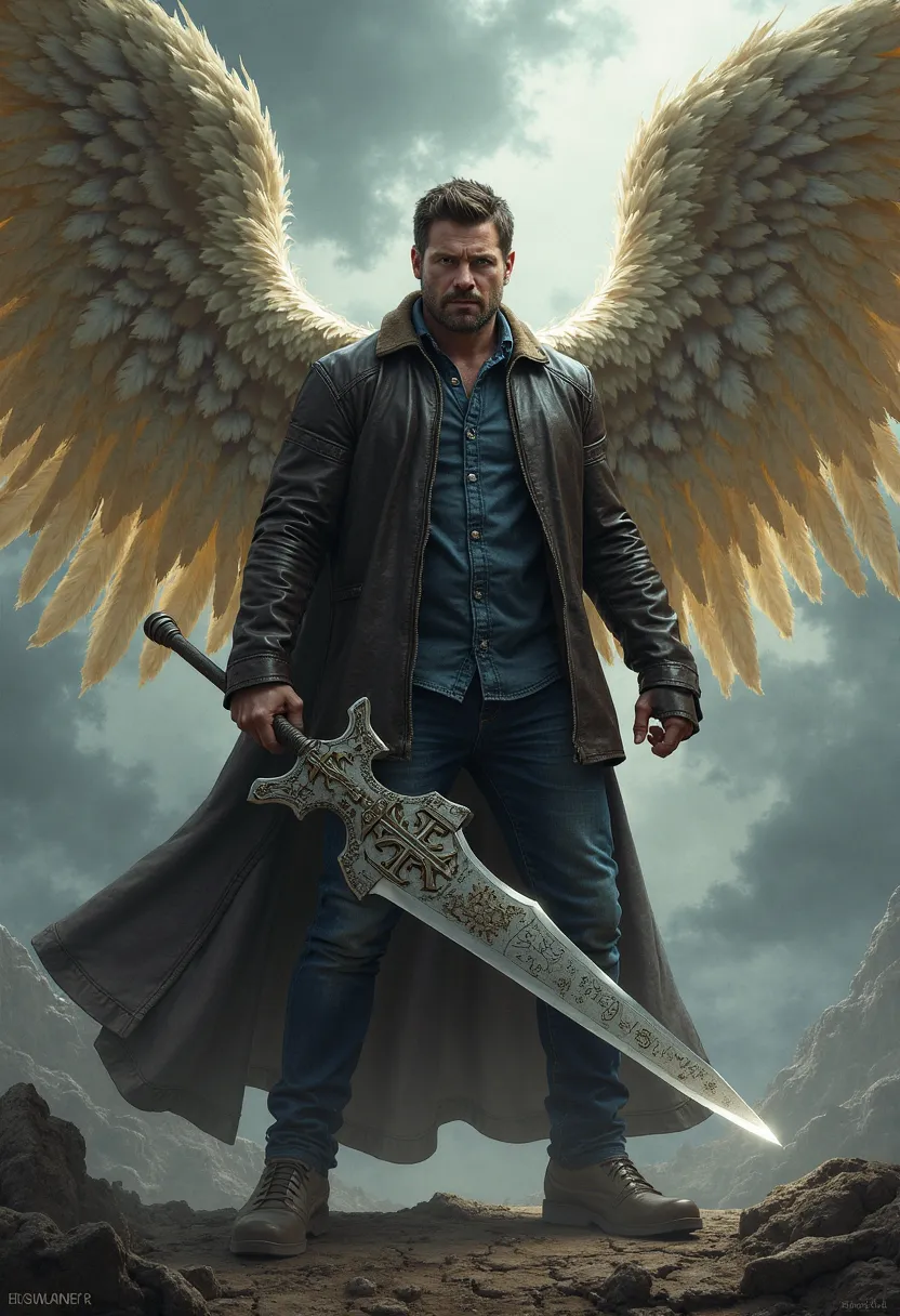 Dean Winchester giant halberd in hand and shiny wings