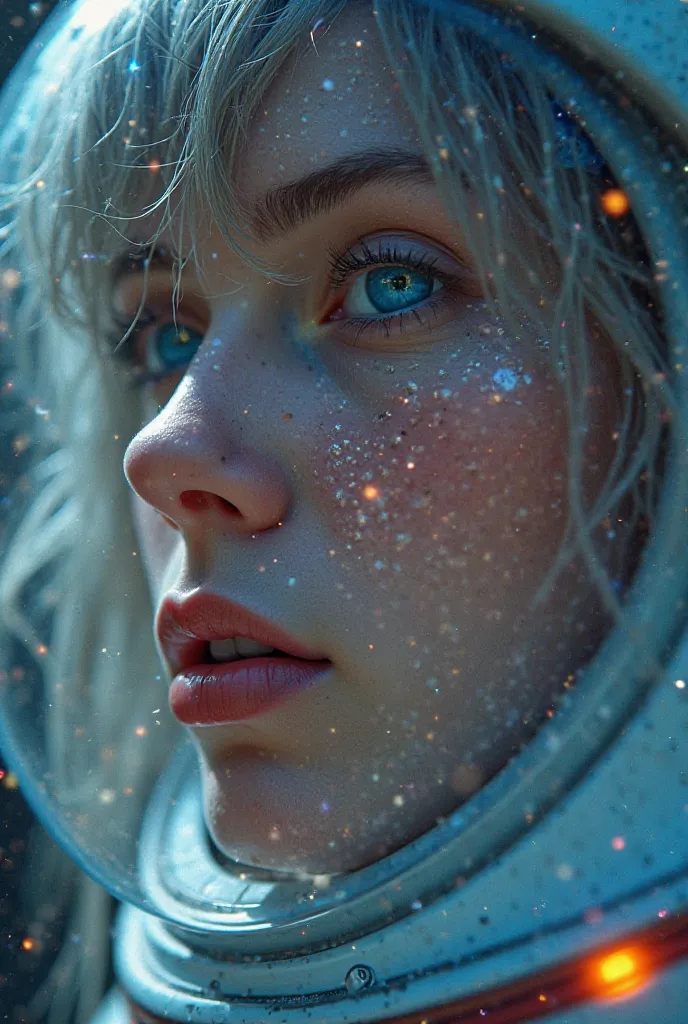 (Close-up of a better masterpiece:1.5)0.9], (Space and astronauts:1.2) (Messy silver hair:1.1) (Heterochromia xanthochromia and blue eyes:1.2) (Space Helmet:1.0) (Colored stars in the eyes:1.0) (A radiant glow:1.1) (thick lips:0.9)