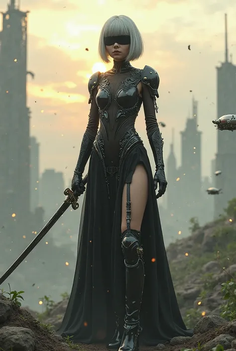 An impressive female android warrior in a post-apocalyptic landscape, Short silver bob haircut, Black bandage covering your eyes, dressed in a high-slit black tactical dress with intricate lace details and thigh-high boots. Holds a shiny katana in a dynami...