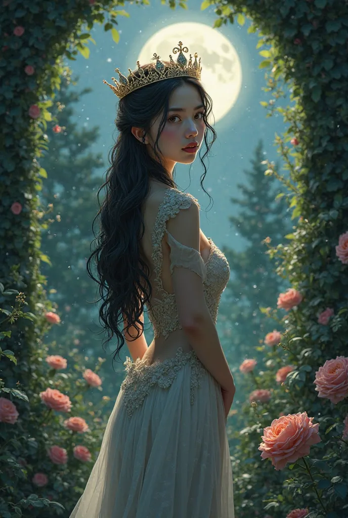 Queen with her slender crown long black hair brown eyes small nose in a garden with a full moon 