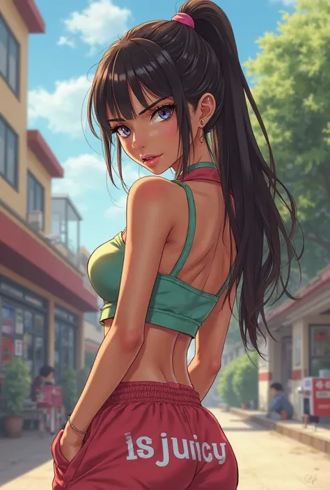 Anime girl, tanned skin, sweatpants with “juicy” written across the butt, popular girl, makeup, sneer expression, school