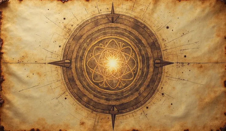 (A Leonardo da Vinci style drawing, on old, yellowed paper, What does it portray with burnt edges:) a wheel of karmic energy spinning in infinite space.