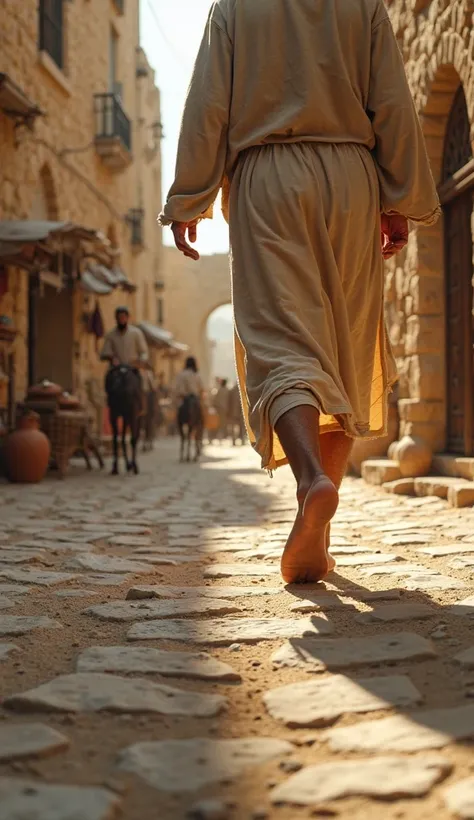 "A hyper-realistic first-person (POV) style image, capturing the perspective of a man walking through the streets of Jerusalem in the time of Christ. The view focuses solely on his bare, calloused legs and feet, covered in fine dust, as they step over a pa...