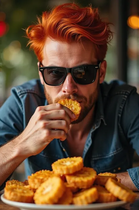 A red-haired man with dark glasses eating tostones 