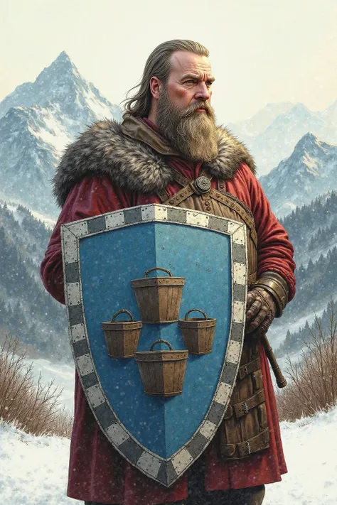 A realistic medieval fantasy portrait of a highland clan leader. He is 50 years. He is said to have the biggest belly. He wear the war clothes of a highland clan leader. His shield displays three buckets on a blue field. The border of the shield is painted...