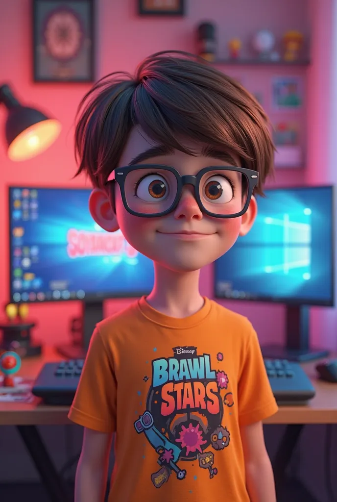 Disney inspired 3D poster/Pixar capturing a scene with a 16-year-old boy who wears glasses, has straight hair, a pulled eye, a Brawl Stars shirt and a gamer setup in the background 