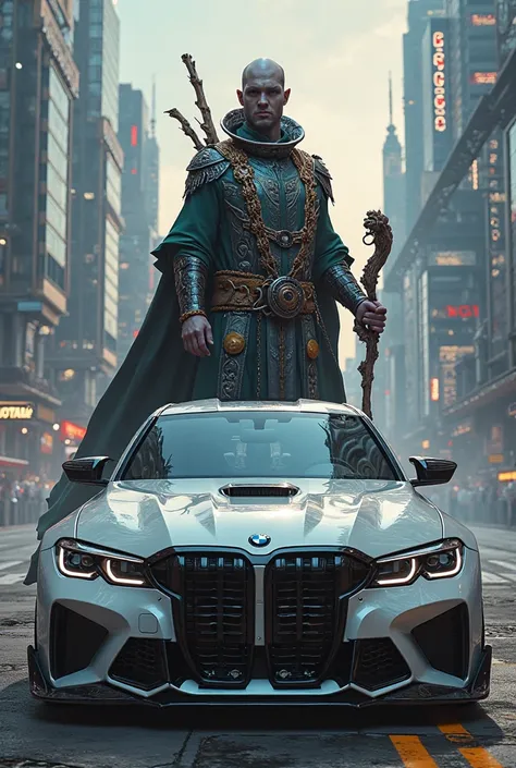 Koleda belobog from zenless zone zero standing infront of BMW M3 2018