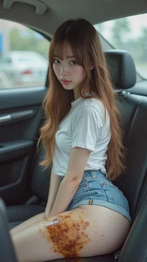  angle from butt ,full body,sit in the back seat of a car,( look down),A 21-year-old Japanese woman who sticks out her butt and excretes large amounts of feces,Brown liquid scattered in the back seat ,( shorts and back seat stained with poop ),japanese,Kor...