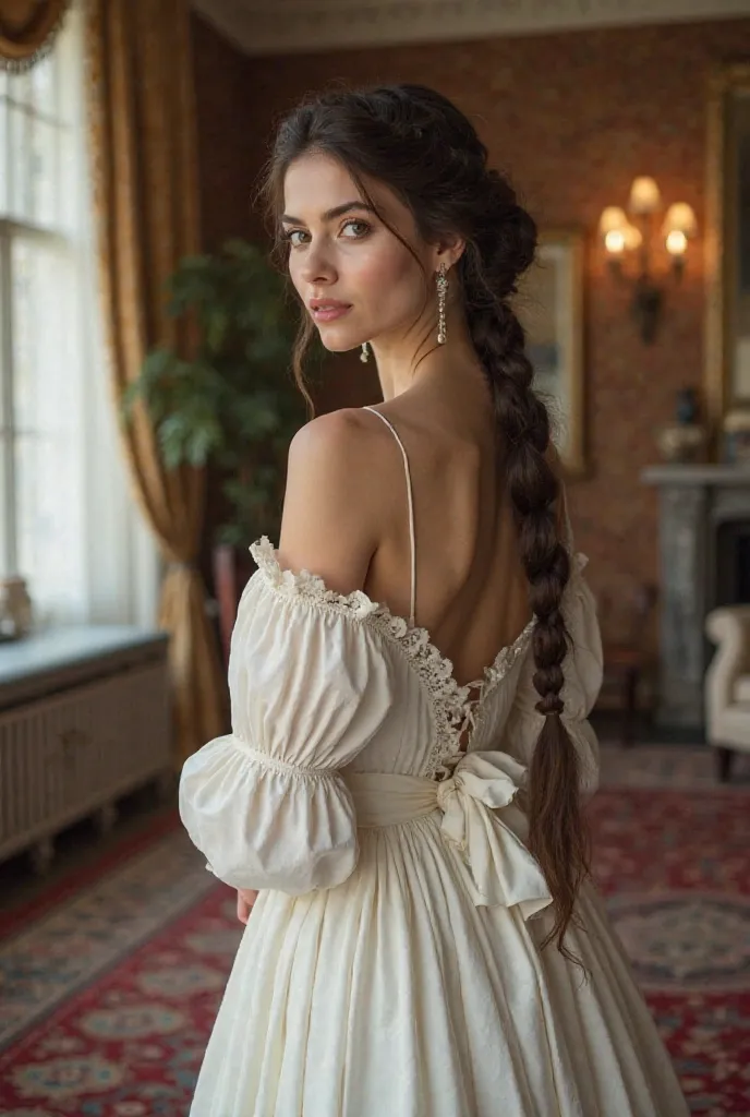 Create an image that is taken from the cover of a Victorian-era historical romance book, in which you can see a beautiful brunette woman in a white dress and an elegant braided hairstyle. In a living room of a Victorian-era mansion