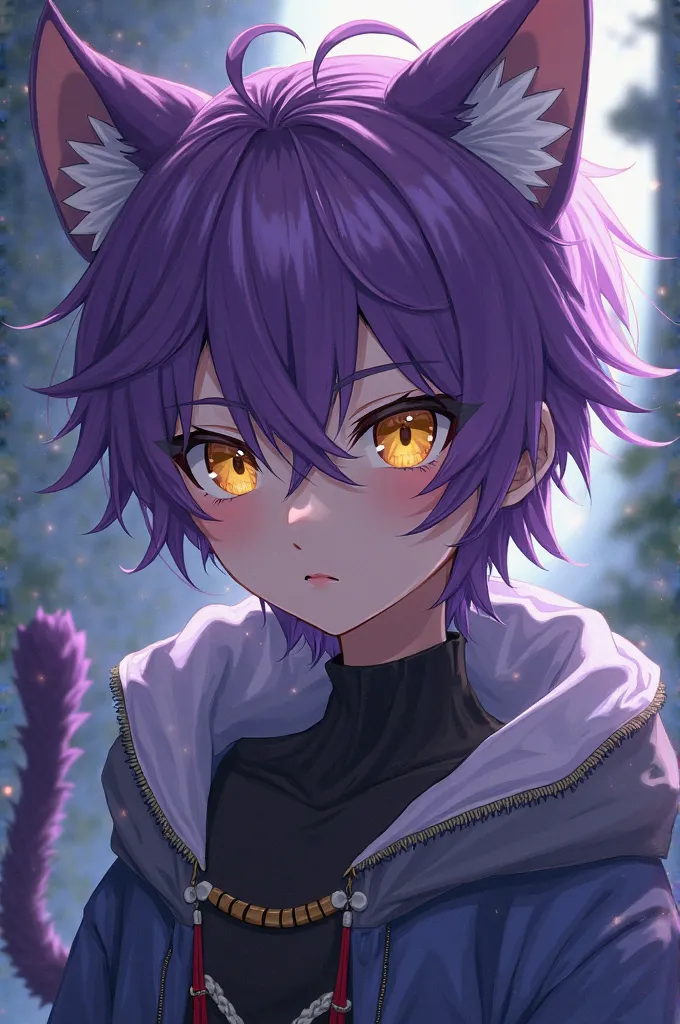 15-year-old boy, purple hair, gold-colored cat eyes, jackal ears and tail, anime style 