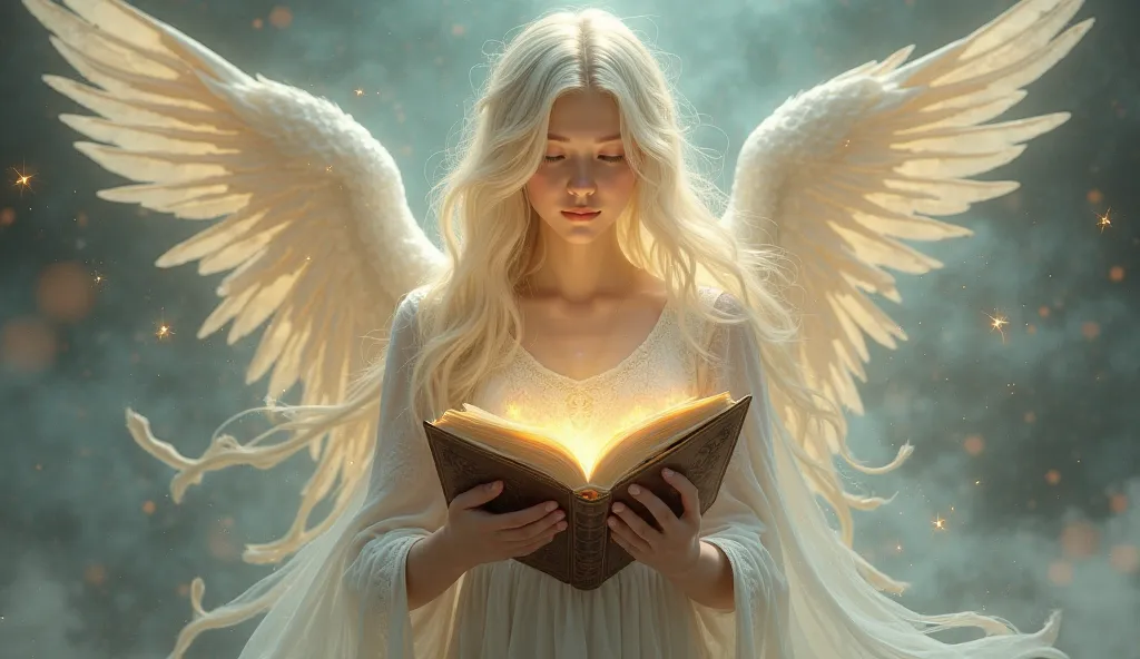 An angel holding an ethereal book containing the memories of a soul.