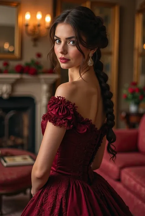 Create an image that is taken from the cover of a Victorian-era historical romance book, in which you can see a beautiful brunette woman in a dark red dress and an elegant braided hairstyle. In a living room of a Victorian-era mansion