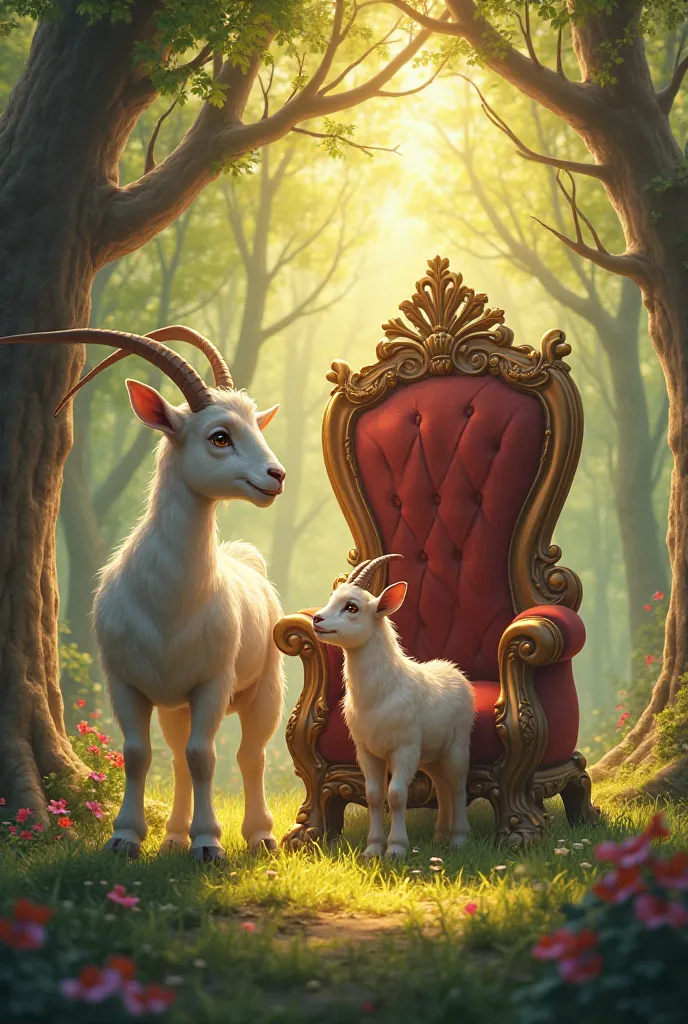 In front of a throne in a beautiful forest a mother goat and a baby goat are standing talking to each other under a bright golden sky 