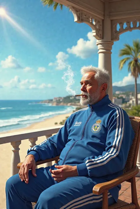 Make me an image of a man on the beach in the porch wearing a Betis tracksuit smoking a cigarette