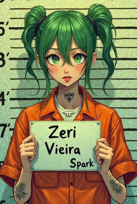 Create a 21 year old,  in the style of paranormal order RPG , em uma mugshot, With the haircut tied and long, With two pompoms, Neon green hair. Make her out of an orange prisoner's jumpsuit, With the pose half sideways,  showing the tongue, Language that ...