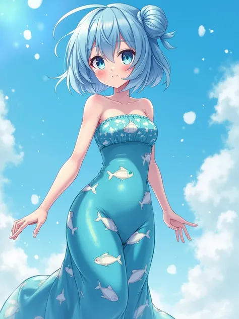 anime  girl sky blue hair with short bangs framing her forehead and big bun on the back of her head blue eyes strapless long aquamarine fish themed strapless dress arms legs belly and breasts inflated like balloons floating through the sky in fear of poppi...