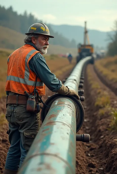 Man driving a gas pipe l.p where you can see the whole pipe from the side 