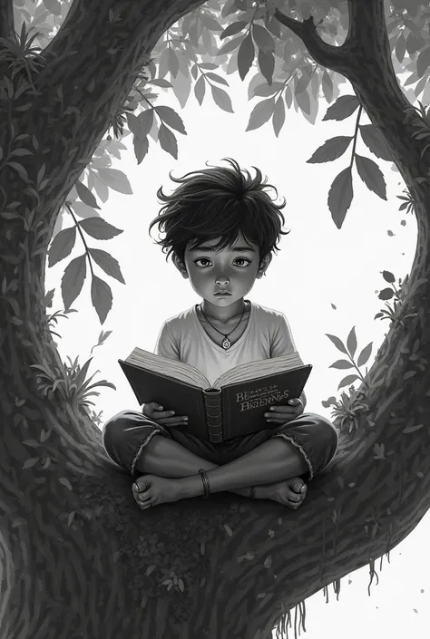 Draw a black and white picture of a Mexican boy reading a book, loaded on a tree in detail 