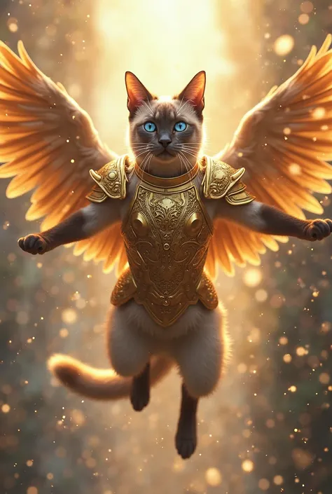 Create a flying Siamese cat wearing gold armor with rays surrounding it