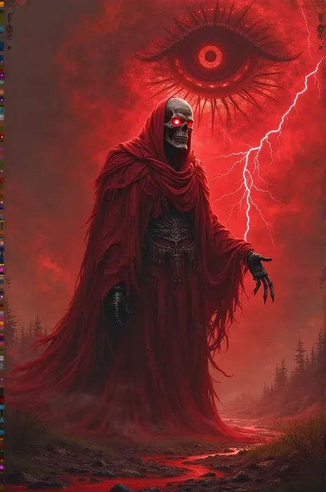 A man dressed in red and his head is a red skull and his eyes are inflamed bright red and touches with one of his hands a red clearing and behind him a dark black cloud or lightning and a giant eye that emerges from the red sky 