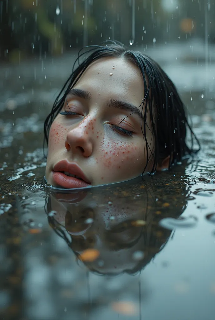 Face of a woman in 3D in a rain puddle