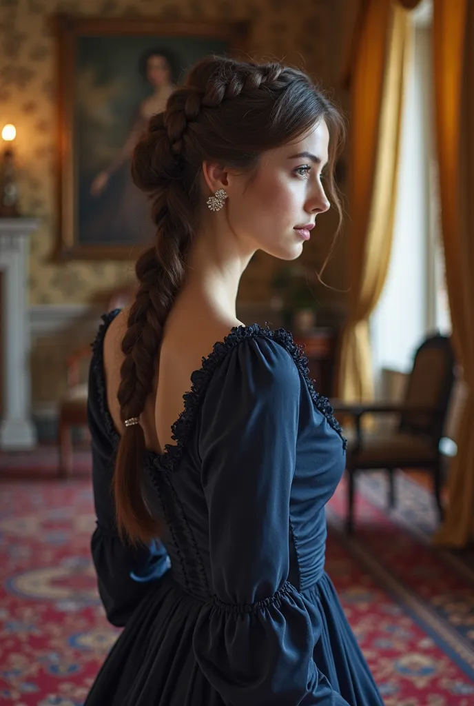 Create an image that is taken from the cover of a Victorian-era historical romance book, in which you can see a beautiful brunette woman in a dark blue dress and an elegant braided hairstyle. In a living room of a Victorian-era mansion