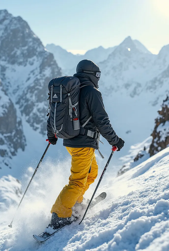 Skier in black with a backpack and yellow pants and a balaclava. 