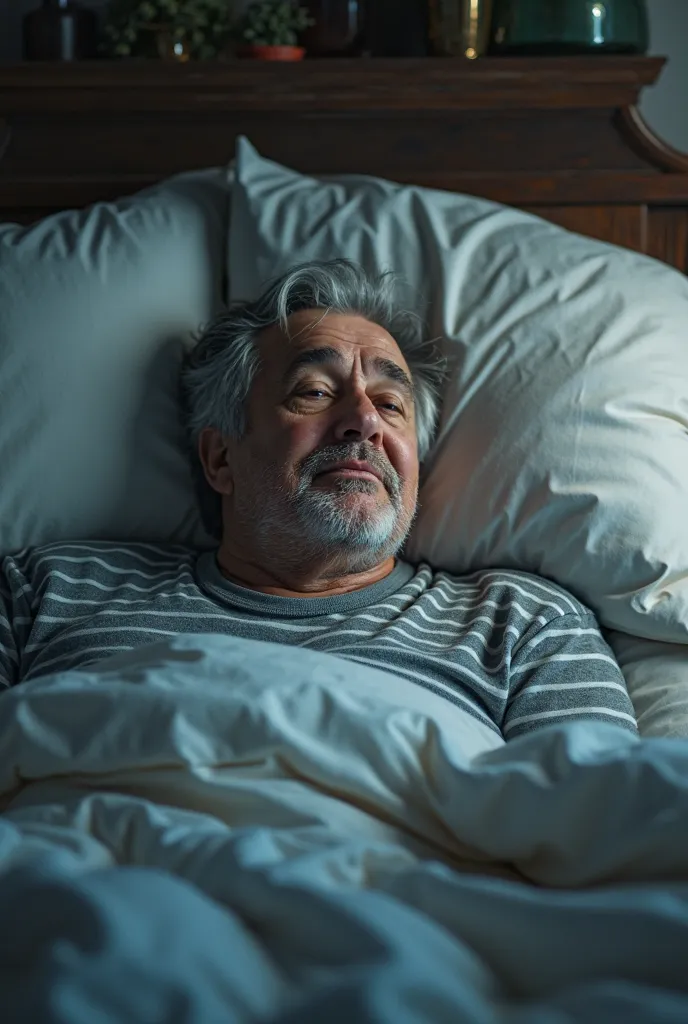 Older man with short wavy hair lying in bed, striped shirt , tired sleepy wanting to fall asleep with the text "open mouth snoring" tired snoring