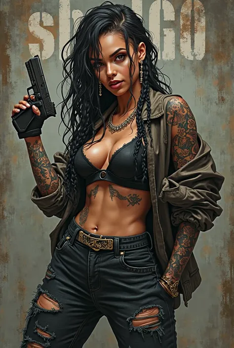 Logo character with braids with tattoos and holding money skin color smoky brunettes wears a Glock and in the background say Shael60 animated character 