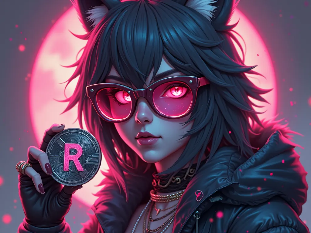 Create a male character in a cyberpunk theme, Is this character a wolf,This character is a fun character wears very cool glasses, and she's holding a cryptocurrency, similar ao bitcoin, but this coin has the acronym RC 